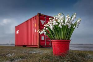 Flowering lilies of the valley in red pot near shipping container on a cloudy day photo
