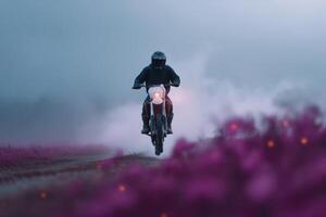 Motorcyclist rides through foggy landscape with blooming flowers during early morning light photo
