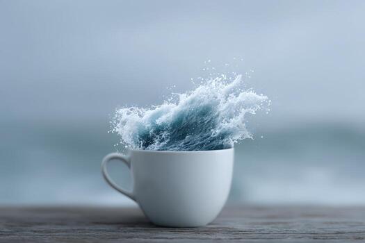 Creative depiction of a cup overflowing with waves at a serene coastal setting photo