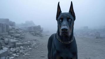 Doberman stands amidst ancient ruins under a misty sky during early morning hours photo