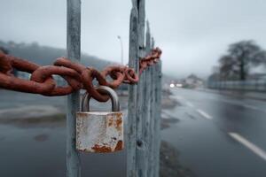 Rusty padlock secures a chain-link fence on a rainy day in an empty urban area photo