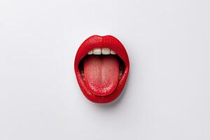 Bold red lips and a tongue displayed on a clean white background with creative flair photo