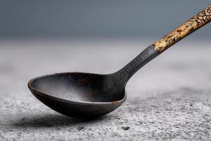 Unique antique spoon on textured surface with visible rust and patina photo