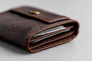Brown leather wallet with cash and coins on a light gray surface during daylight photo