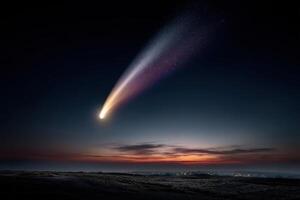 Stunning comet streaks across a twilight sky above a coastal landscape photo