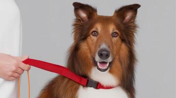 Collie dog with red leash smiles during indoor portraits in modern studio setting photo