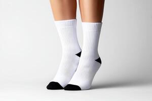 Socks with black accents displayed on a clean, neutral background indoors photo