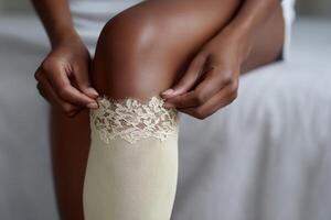 Elegance shines through as a woman adjusts vintage lace stockings in a cozy bedroom setting photo