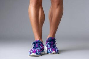 Colorful running shoes positioned on a gray background showcasing strong calves photo