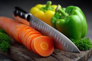 Freshly sliced vegetables on a wooden board with a knife in a kitchen setting photo