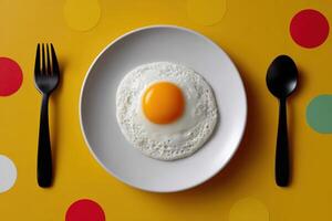 Sunny side up egg served on a white plate against a colorful background with utensils photo