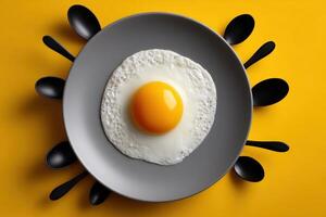 Bright yellow plate with fried egg and black spoons arranged around it photo
