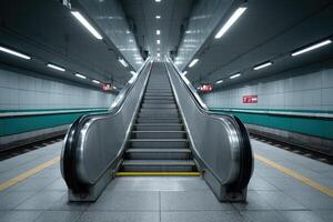 Modern escalator leading to the subway station platform in an urban setting photo