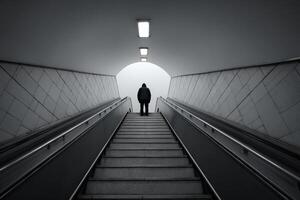 Person standing at the bottom of an escalator in a dimly lit tunnel at dawn photo