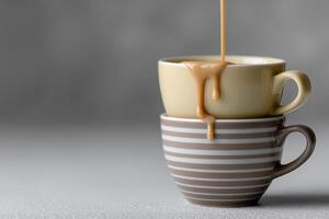 Coffee being poured into stacked cups on a simple gray background photo