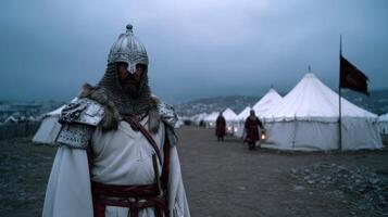 Historical reenactor in armor stands watch near medieval tents during dusk in a camp setting photo
