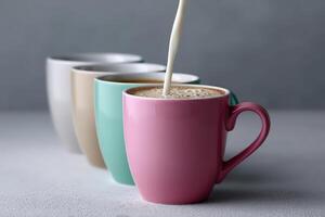 Pouring milk into a pink mug among pastel colored cups in a modern kitchen setting photo