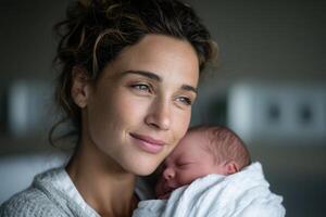 New mother cherishes moment with newborn in a serene hospital setting photo