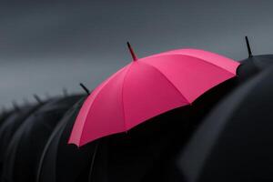 Bright pink umbrella stands out among black umbrellas on a cloudy day photo