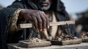 Elderly man weighs coins on traditional balance scales in a marketplace during daytime photo