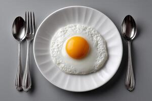 Fried egg served on a white plate with silver utensils on a gray background photo