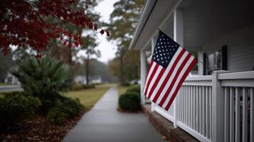 American flag waves gently on a rainy day near a cozy home in a quiet neighborhood photo
