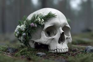 Skull adorned with flowers in a misty forest setting during the early morning photo