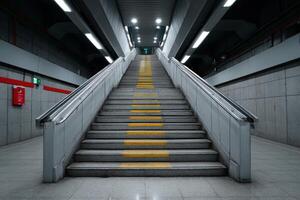 Stairs leading to an underground transport platform during quiet evening hours photo