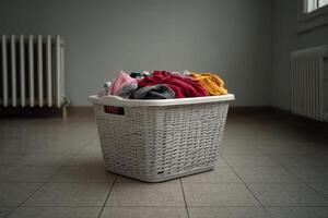 Laundry basket filled with colorful clothes in a well-lit room photo