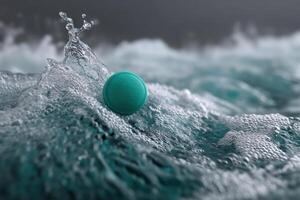 Colorful ball floating on ocean waves with foam and splashes during calm sea conditions photo