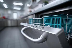 Dishwasher with opened door and baskets in modern kitchen during day photo