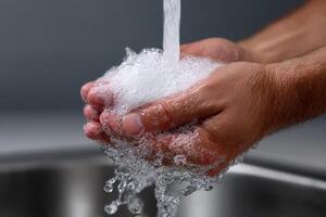 Hands washing with soap and water in a kitchen sink, demonstrating effective hygiene practices photo