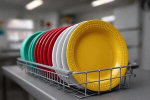 Colorful plates drying in a kitchen rack after washing near a countertop photo