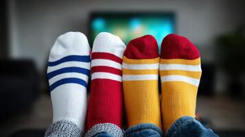 Colorful socks displayed in front of a television during a cozy home gathering photo
