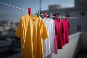 Colorful shirts drying on a clothesline under a clear blue sky in the afternoon photo