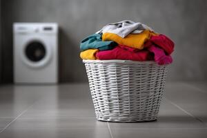 Wicker basket filled with colorful laundry in a modern laundry room photo