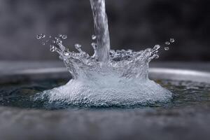 Water splashes as it falls into a basin creating mesmerizing bubbles and ripples photo