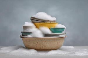 Dishes piled high with soap suds in a clean kitchen setting during afternoon light photo