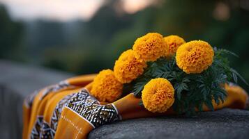 Bright marigold flowers placed on an orange cloth near a scenic outdoor location in the evening photo