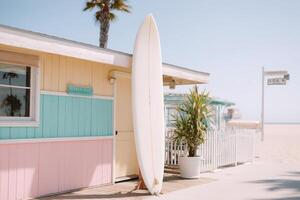 Surfboard leaning against a colorful beach house during a sunny afternoon by the ocean photo