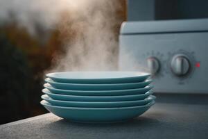 Steaming plates stacked next to a stove in a cozy kitchen setting during late afternoon photo