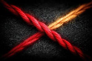 Twisted red and orange threads create a striking pattern on dark fabric photo