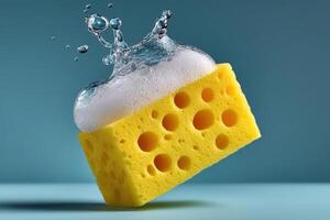Yellow sponge with bubbles splashing in bright blue background during cleanliness demonstration photo