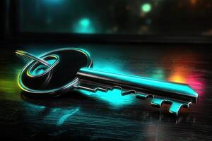 Shiny metal key illuminated by colorful lighting on polished wooden surface at night photo