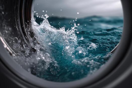 Waves crashing against the washing machine drum during a stormy day at the seaside photo