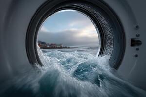 Waves crashing through a washing machine door at a coastal village during cloudy weather photo