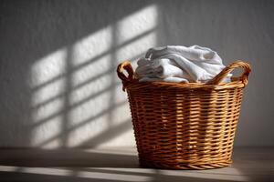 Woven basket filled with clean white towels resting in natural light photo