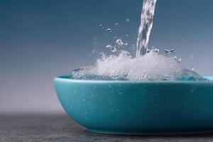 Water pours into a bowl creating bubbles and foam in a serene setting photo