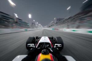 Racing car speeds down track with blurred lights and audience on a bustling race day photo