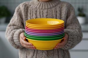 Child holds colorful bowls in a cozy kitchen on a chilly day photo